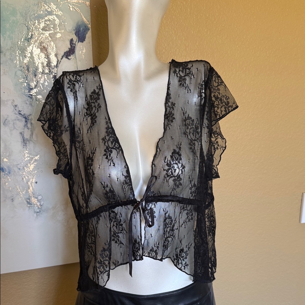 Sheer Black Lace Tie-Front Short Sleeve Top - Women Intimates